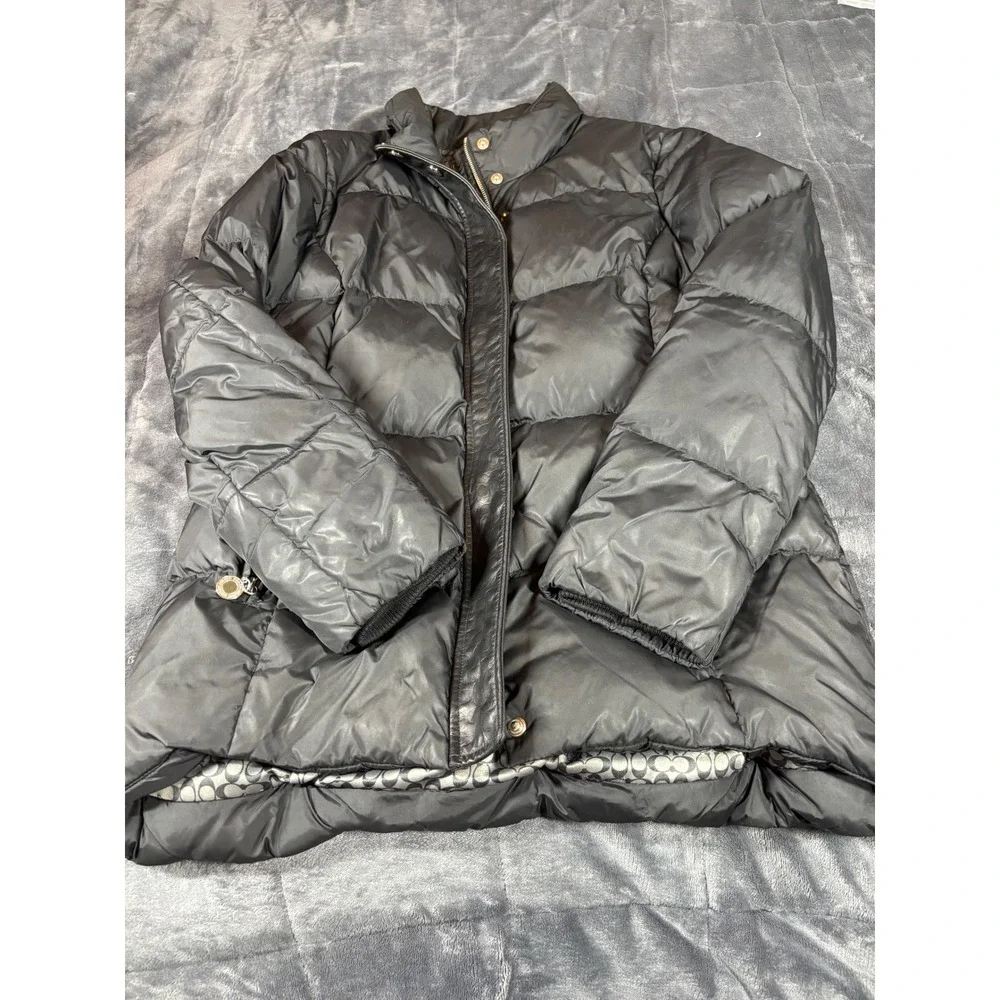 Coach Puffer‎ Jacket Down Fill Black Leather Trim Quilted Women's Size L